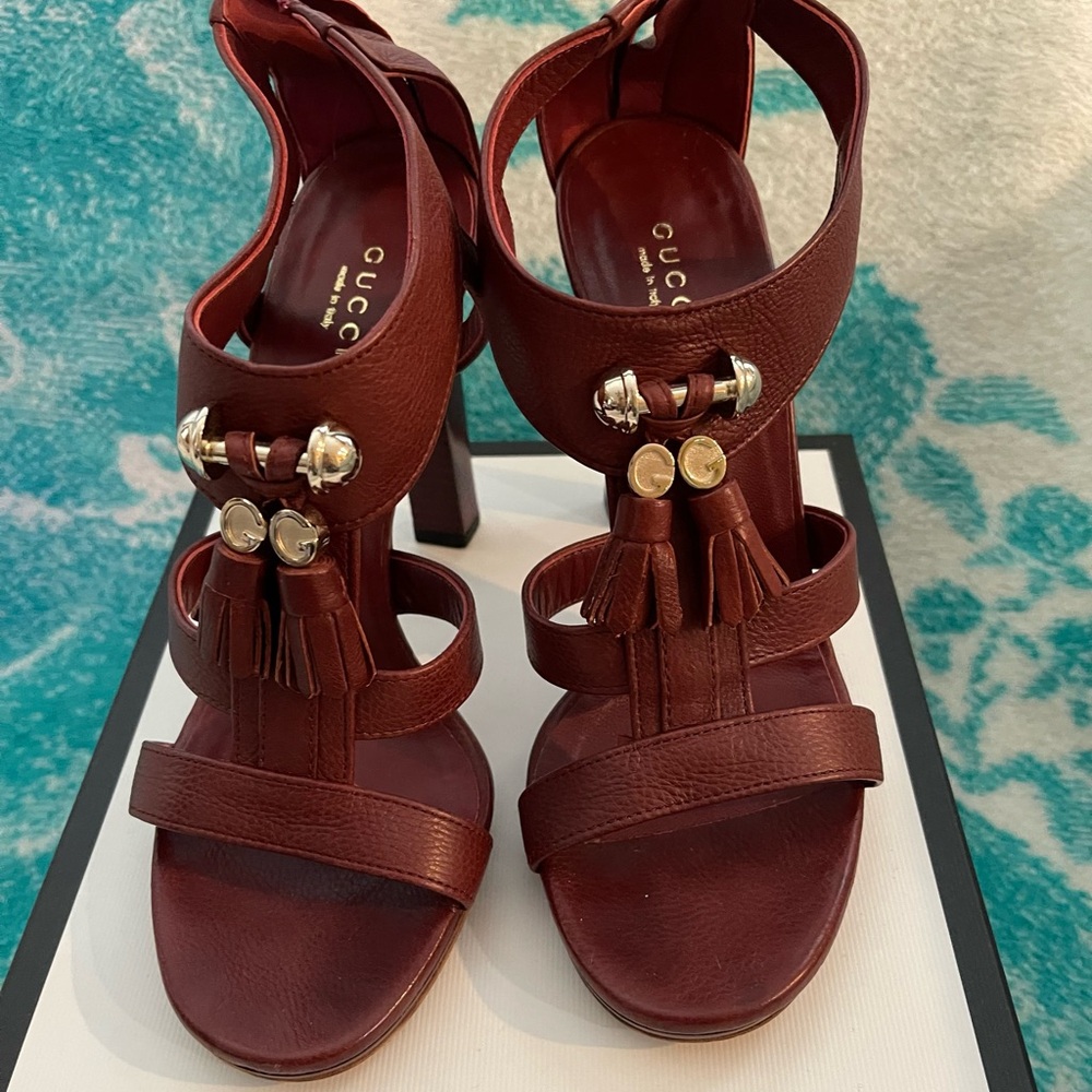 Used Gucci Pebbled Leather Marrakech Open-Toe Block Heel Sandals Size 37